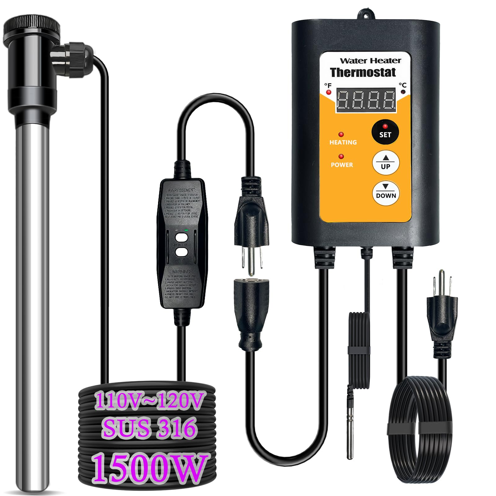 Photo 1 of 1500W Immersion Water Heater, with Gfci Plug, Thermostat Submersible Water Heater Fast Heating Bucket, Bathtub, Baptismal, Baptistry, Basin,Inflatable Above Ground Pools Heater