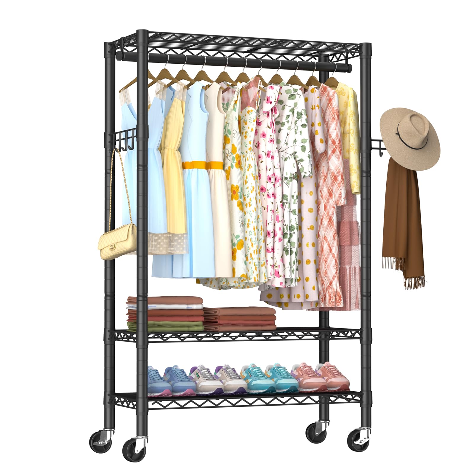 Photo 1 of Heavy Duty Clothes Rack Rolling Garment Rack,3 Tier Adjustable Wire Shelving Clothing Racks for Hanging Clothes with Hanger Rod&Side Hooks,Freestanding Wardrobe Storage Rack Metal Portable Closet