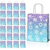JOYGATHER 24 Pcs Snowflake Party Favor Bags with Handles - Winter Themed Goodie Gift Candy Kraft Paper Bags for Holiday Birthday Party Supplies Decorations