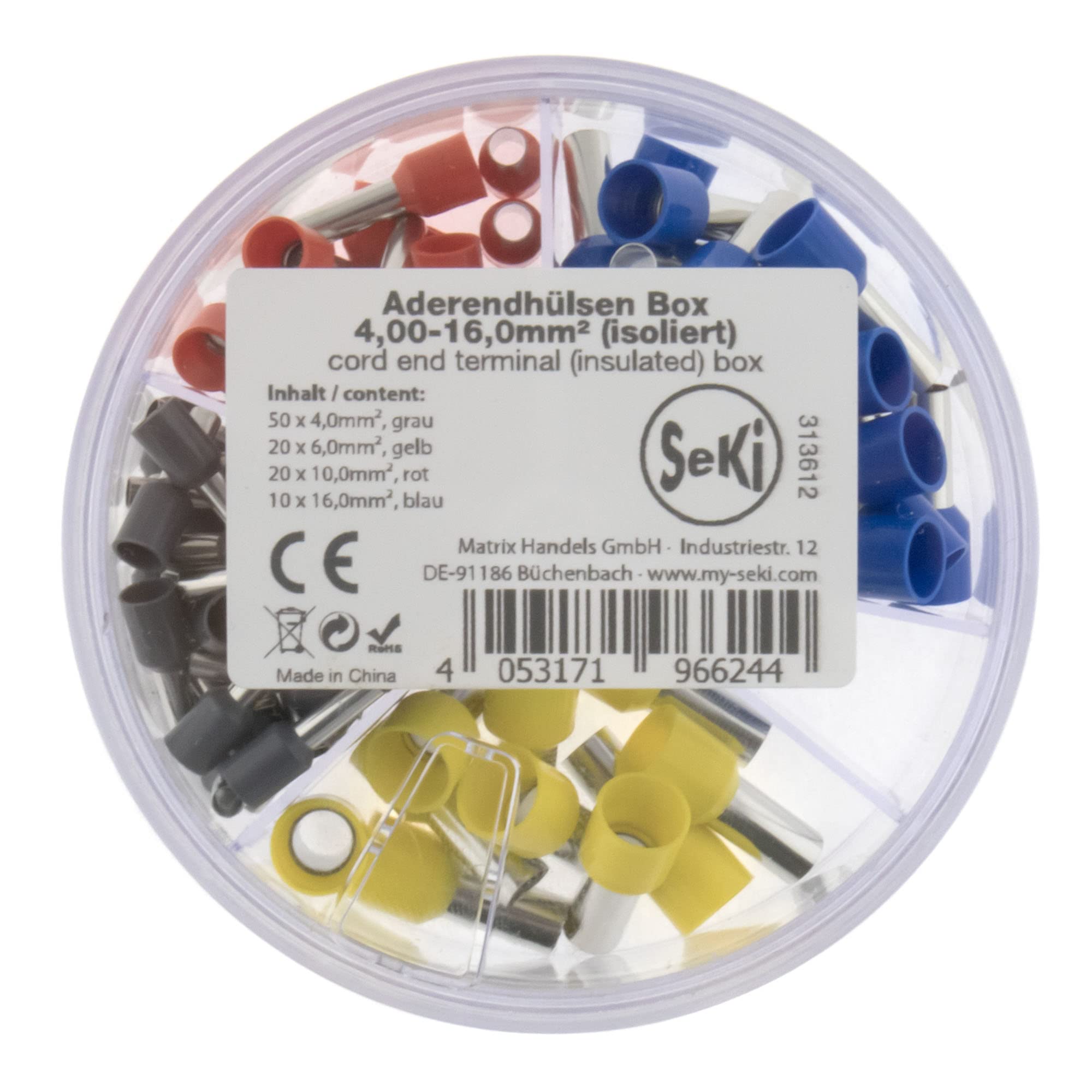 SeKi 313612 Wire End Ferrules Assortment Insulated 100 Pieces 4.0-16.0 mm² (50 x 4, Grey, 20 x 6, Yellow, 20 x 10, Red, 10 x 16.0 mm² Blue)