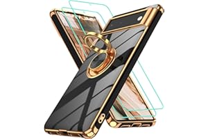 Gritup for Google Pixel 6 Phone Case with 2Pcs Screen Protector | 360° Rotation Ring Holder Magnetic Kickstand | Plating Gold Edge Soft TPU Protective Basic Funda para Cover for Pixel 6 Black