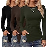 Velvelhall 3 Pack Long Sleeve Shirts for Women, Crew Neck Asymmetrical High Low Split Ruched Cute Y2K Going Out Workout Tops