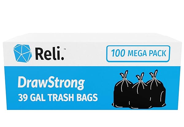 RELI. 39 GALLON TRASH BAGS DRAWSTRING (100 COUNT) LARGE 39 GALLON HEAVY DUTY DRAWSTRING TRASH BAGS, GARBAGE 39GAL CAPACITY, LAWN LEAF (39GAL, BLACK)