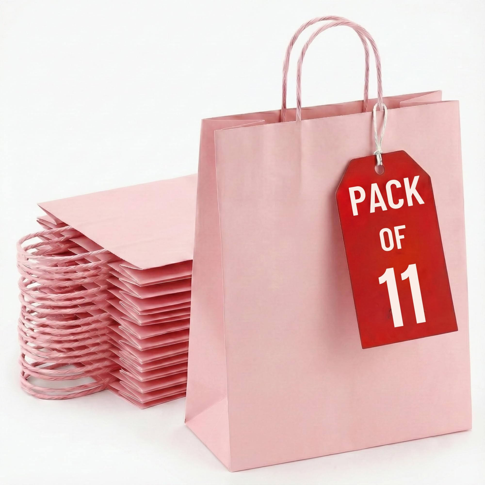 XSMALL 11 Pcs Pink Party Bags – No Wrinkles Gift Bag with Handles | Flat-Bottom Paper Party Bags for Kids Party, Weddings, Birthdays, Baby Showers – No Fold Packaging (24×18×8 cm)