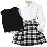 WDIRARA Girl's 3 Piece Skirt Fall Outfit Long Sleeve Button Down Shirt and Pullover Sweater Vest and Plaid Pleated Skirt Set