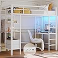 DICTAC Loft Bed Twin Size with Desk and Charging Station Metal Loft Bed with Led Lights,Storage Shelves and Drawers Twin Size Bed with Clothes Rail,Safety Guard & Ladder,No Box Spring Needed,White