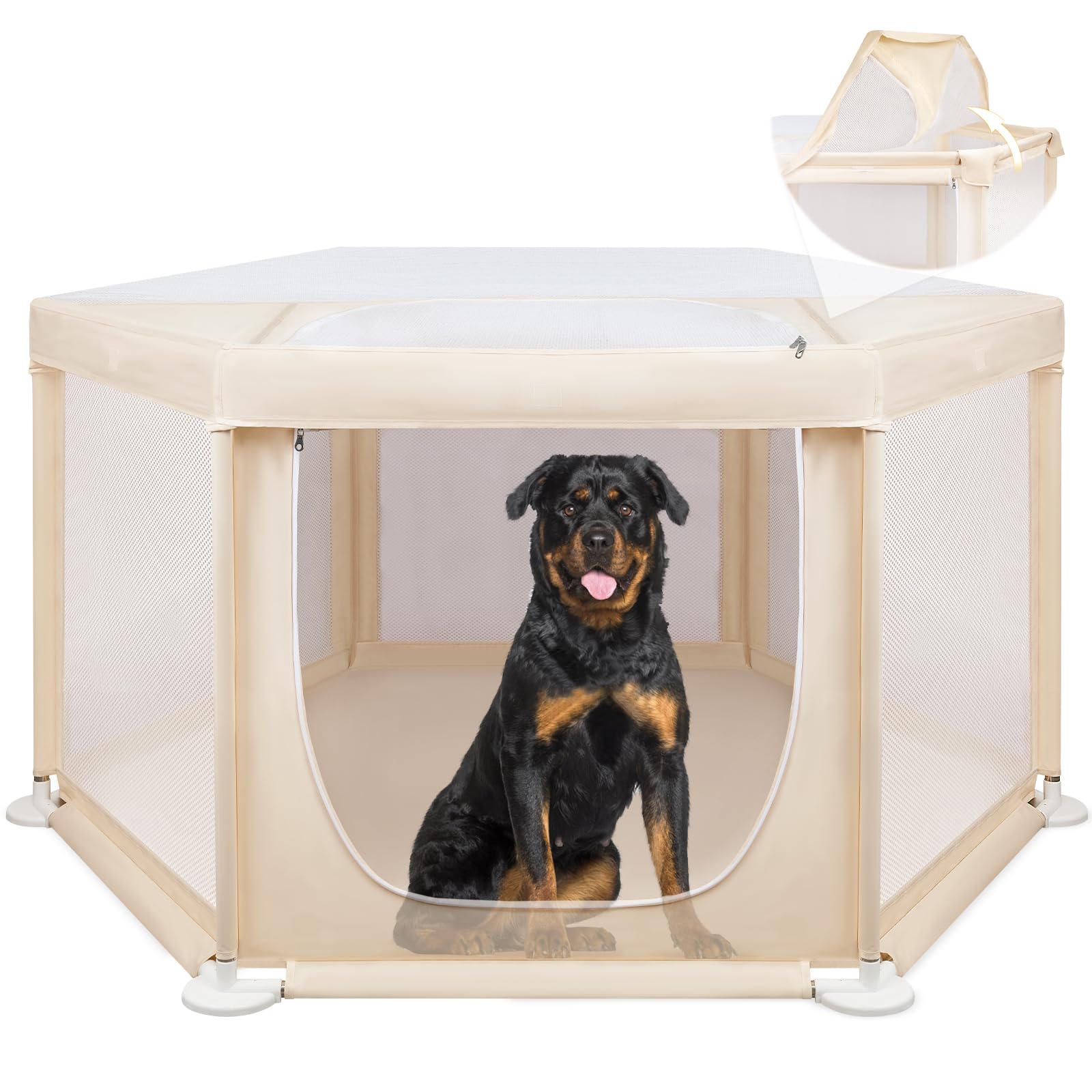 Photo 1 of 69.3"x69.3"x34.6" Extra Large Dog Playpen Indoor, Tall Puppy Playpen with Removable Roof, Sturdy Fabric Dog Pen for Medium to Large Pets, Spacious Hexagonal Pet Playpen Indoor for Comfort & Security