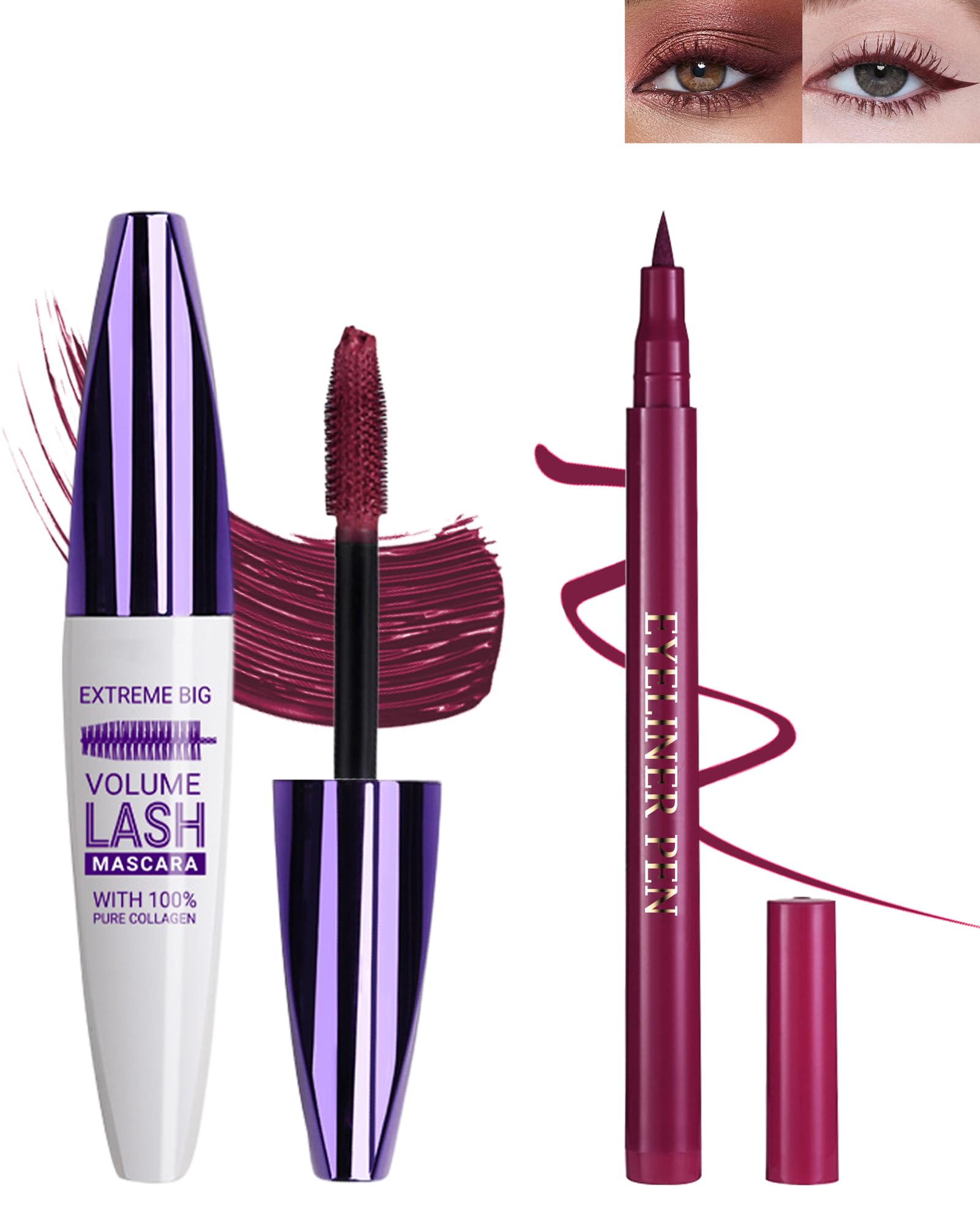 Burgundy Waterproof Mascara & Eyeliner Set, 5D Silk Fiber Liquid Lash Extensions Colored Tubing Mascara Volume and Length, Long Wear, Smudge-Proof Curling Non-Clumping & Smooth Eyeliner Pen for Women