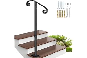 Zwinz Handrail Railing, Single Post Handrail, Sturdy Outdoor Handrails with Base, Wrought Iron Stair Handrail Fits 1 or 2 Steps, Grab Rail for Steps Porch, Black