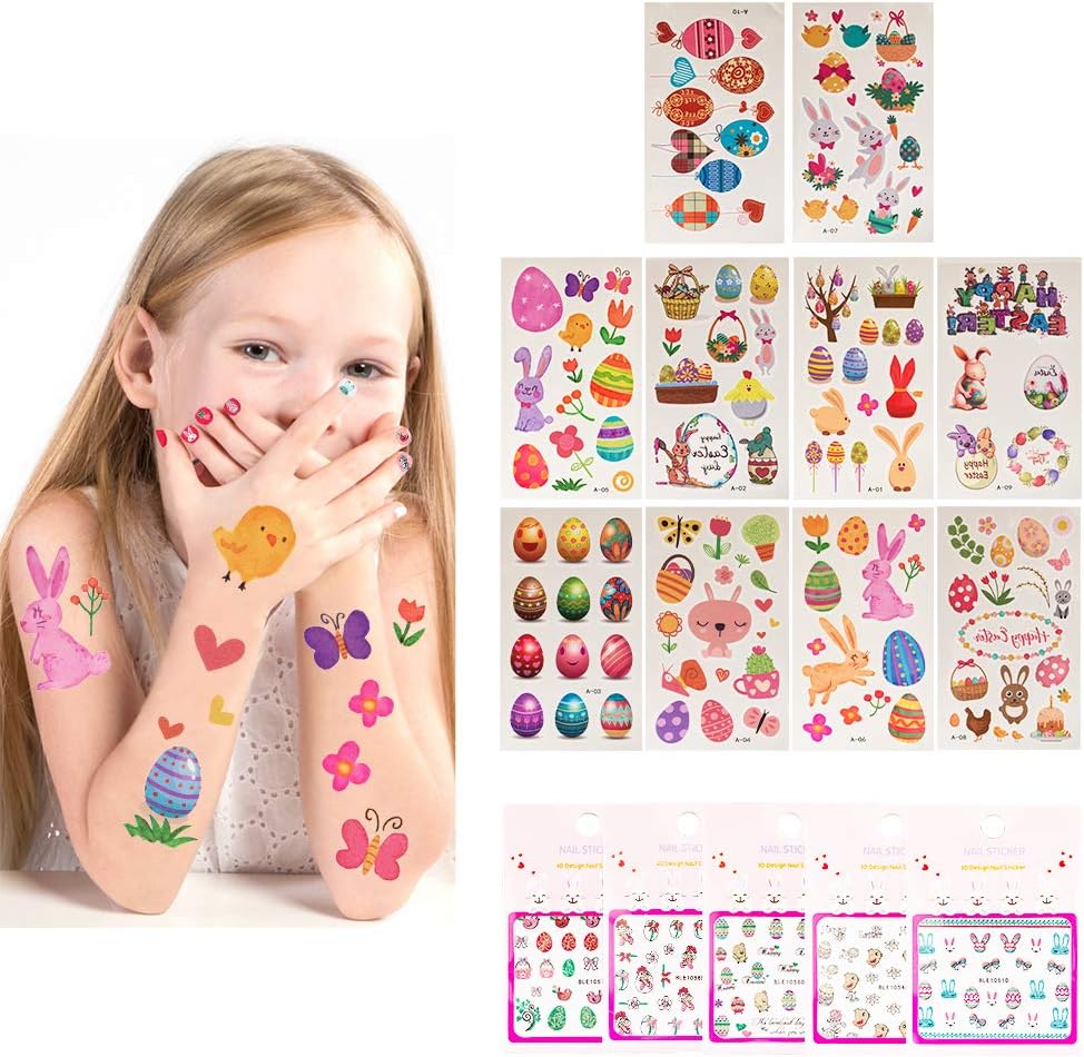 Kids Easter Temporary Tattoos Nail Stickers Easter Eggs Stickers for Easter Basket Stuffers Egg Hunts Party Decoration Festival Gifts 15 Sheets