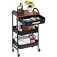 AGTEK Makeup Cart Movable Rolling Organizer Cart with Drawer, 3 Tier Metal Utility Cart with Hanging Cups,Drawer with Leather Handle, Mobile Trolley Cart for Home & Office, Black