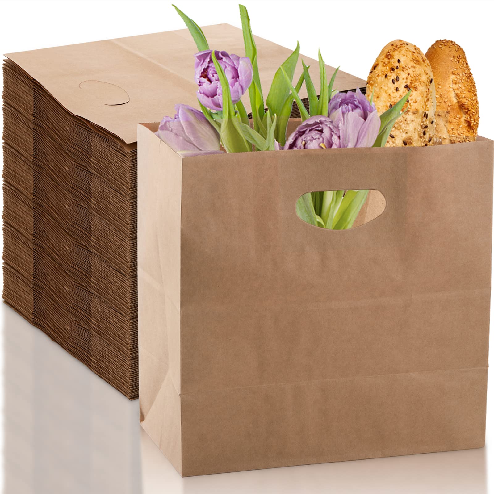 Photo 1 of DEAYOU 100-Pack Kraft Paper Bags, Brown Bags with Handles, 120G Extra Strong Die Cut Tote Bag, 6 LB Craft Plain Paper Gift Grocery Bag for Food, Retail, Shopping, Take Out, Boutique, 11" x 6" x 11"