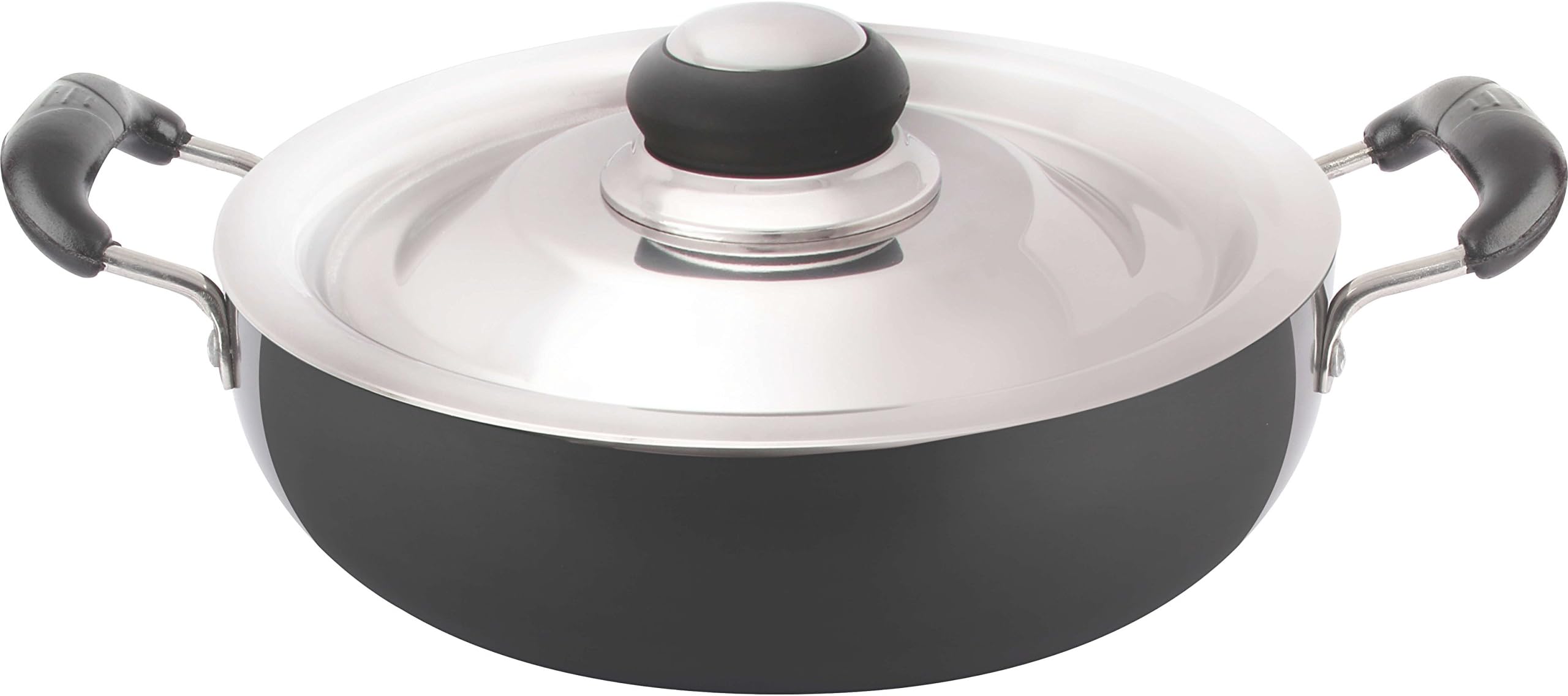 Eris Hard Anodized 10" Deep Fry Pan/Kadhai with Steel Lid, Black