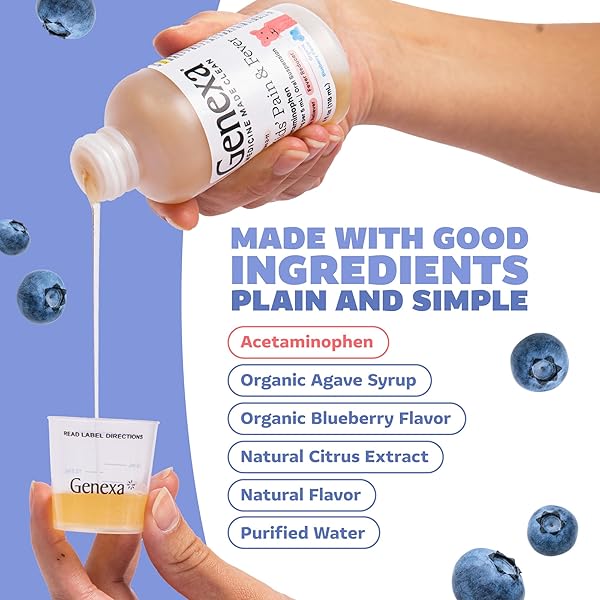 GENEXA KIDS’ ACETAMINOPHEN PAIN & FEVER ORAL SUSPENSION MEDICINE – 4OZ – FOR CHILDREN 2 – 11 YEARS OLD, TEMPORARILY RELIEVES PAIN AND FEVER SYMPTOMS, 160 MG PER 5 ML- ORGANIC BLUEBERRY FLAVOR