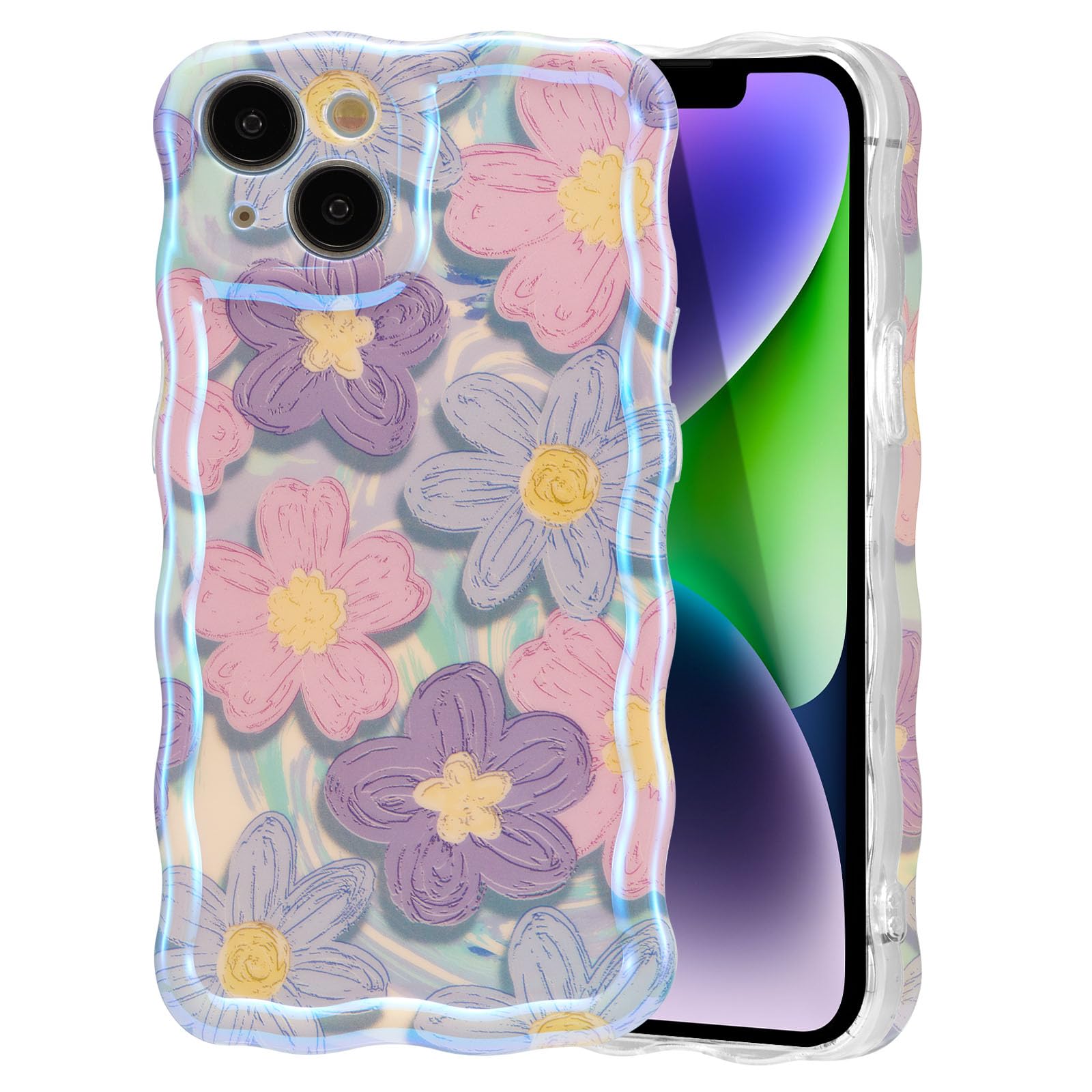 EYZUTAK Case for iPhone 14 Plus/iPhone 15 Plus, Colorful Retro Oil Painting Flower Laser Cute Curly Wave Edge Exquisite Phone Cover Stylish Durable TPU Protective Case for Girls Women - Pink Purple — image 1