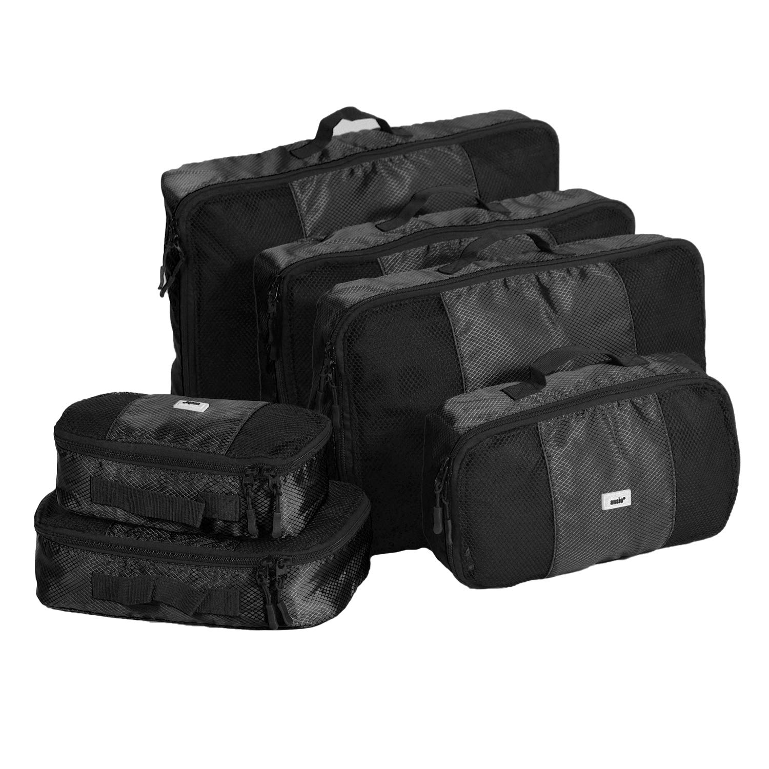 ANSIO Travel Packing Cubes Set - Luggage Organizer Bags for Suitcase and Home Storage - 6-Piece Value Set - Black