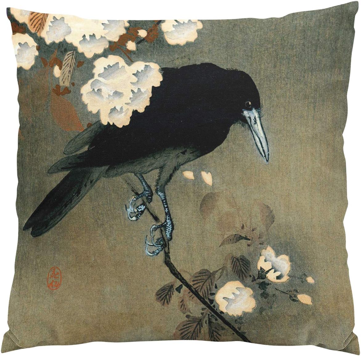 GygardenA Crow and Blossom by Ohara Koson Vintage Plush Hidden Zipper Home Sofa Decorative Throw Pillow Cover Cushion Case 20x20 Inch Square Design Printed Pillowcase