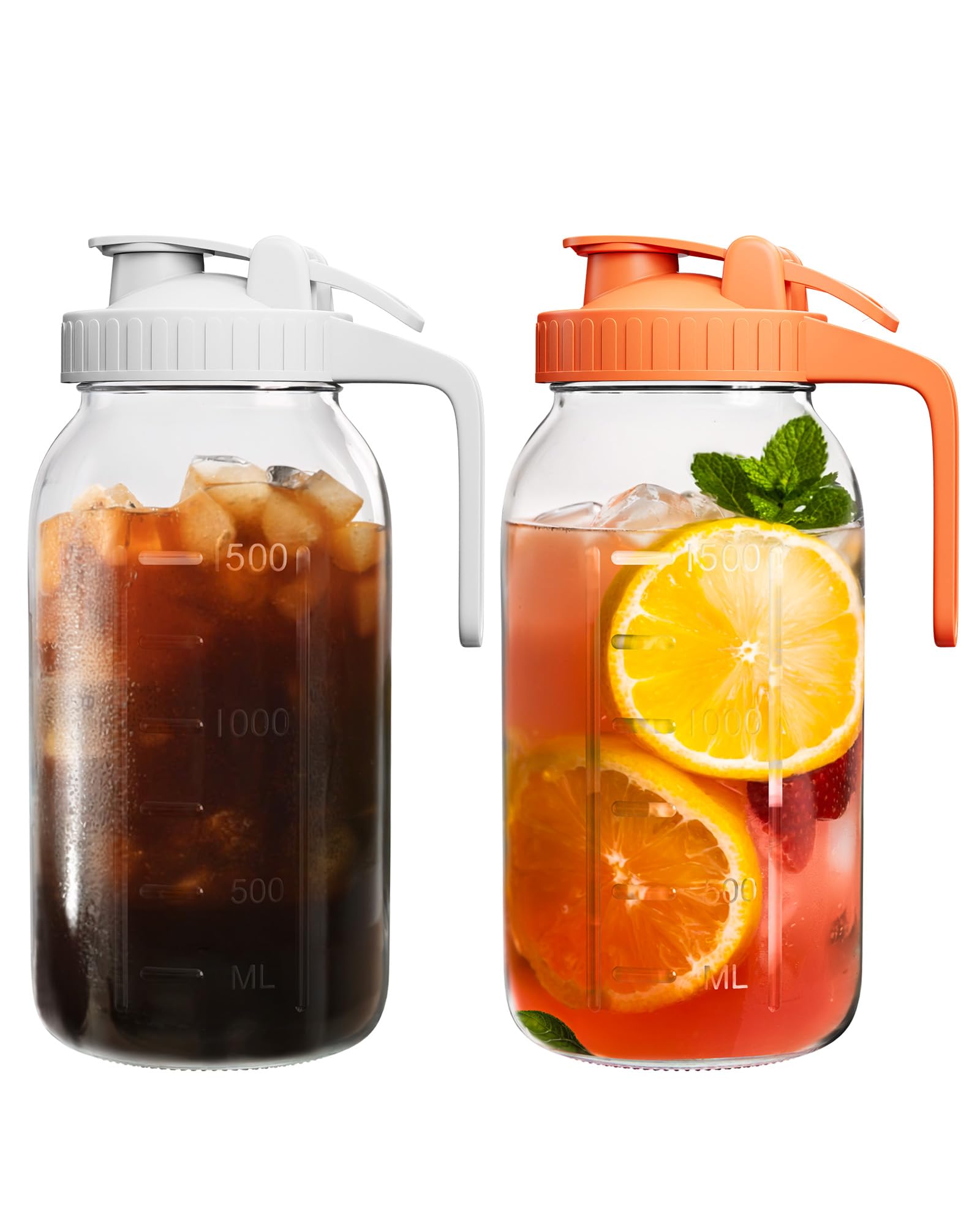 Photo 1 of 2 Pack Glass Mason Jar Pitcher with Lid, 64 oz (2 Quart) Leakproof Water Pitcher with Handle for Sun Tea, Cold Brew, Milk & Juice, White & Orange
