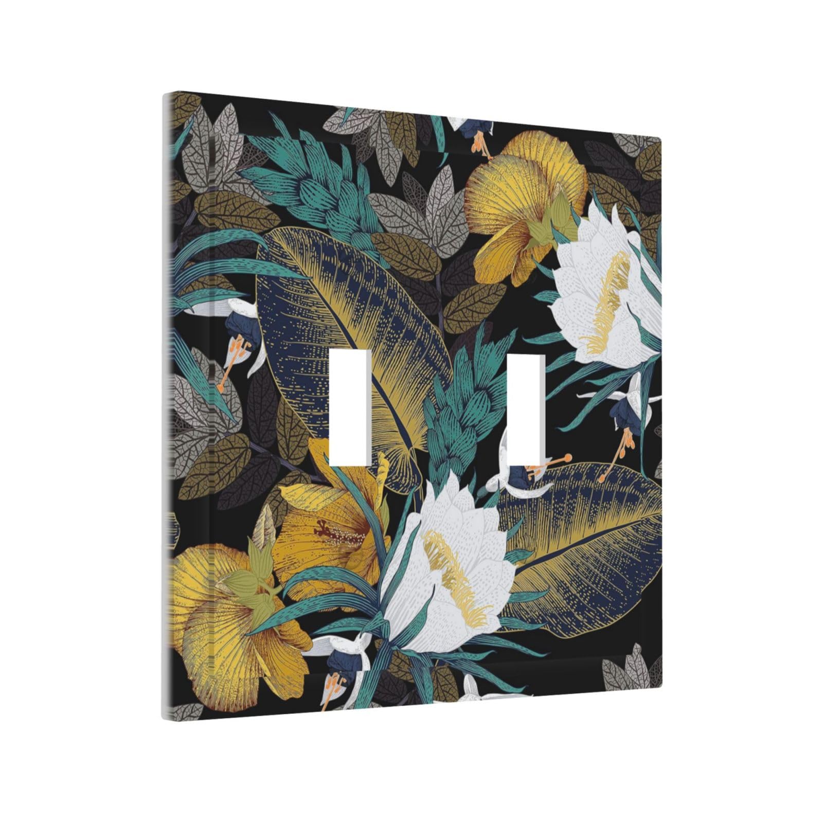 Vintage Floral Black Yellow Leaf White Flower