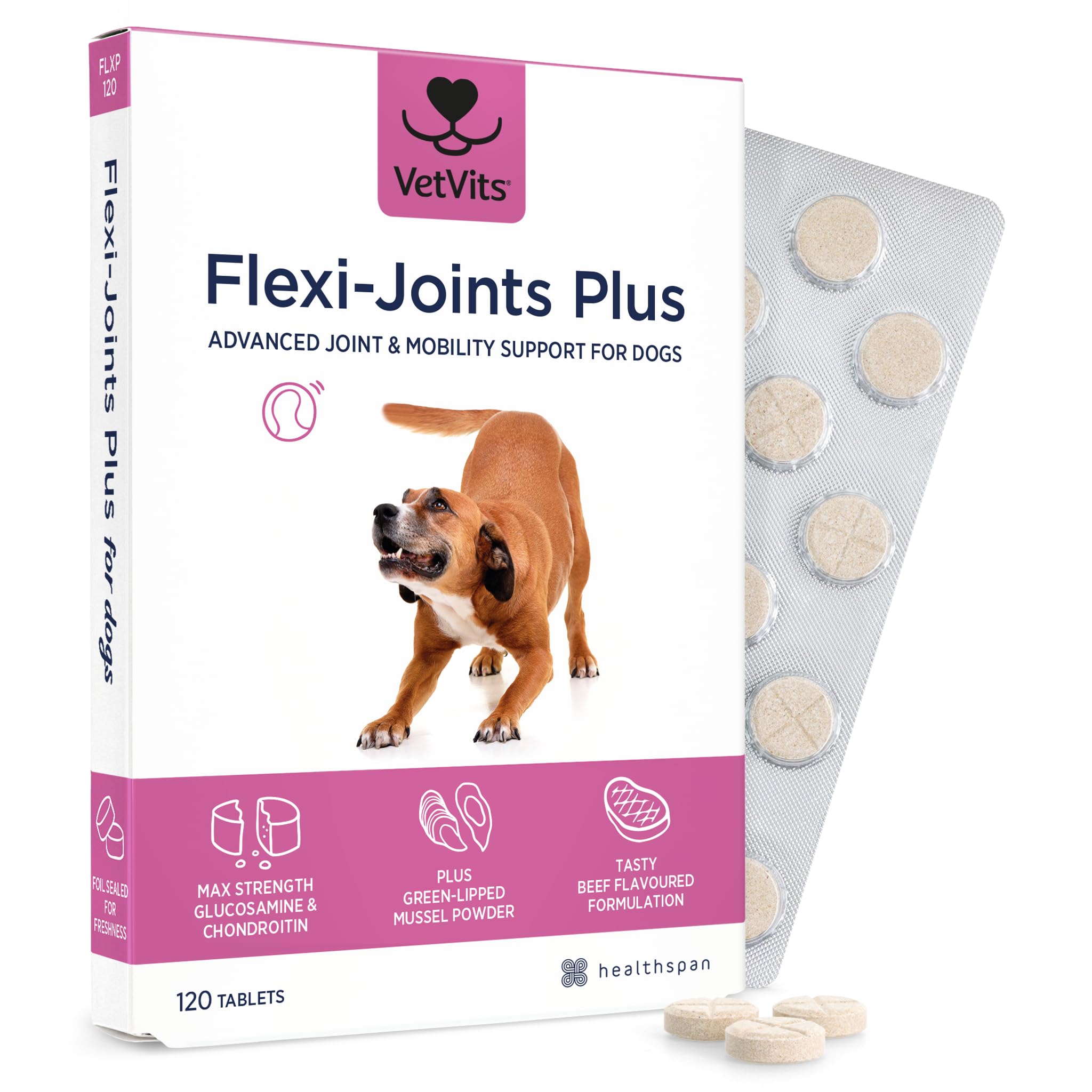 VetVits Flexi-Joints Plus For Dogs (120 Tablets) | 500mg Pure Glucosamine HCI Providing 40% More Glucosamine Than The Standard 2KCI Form | With Chondroitin | Beef Flavour
