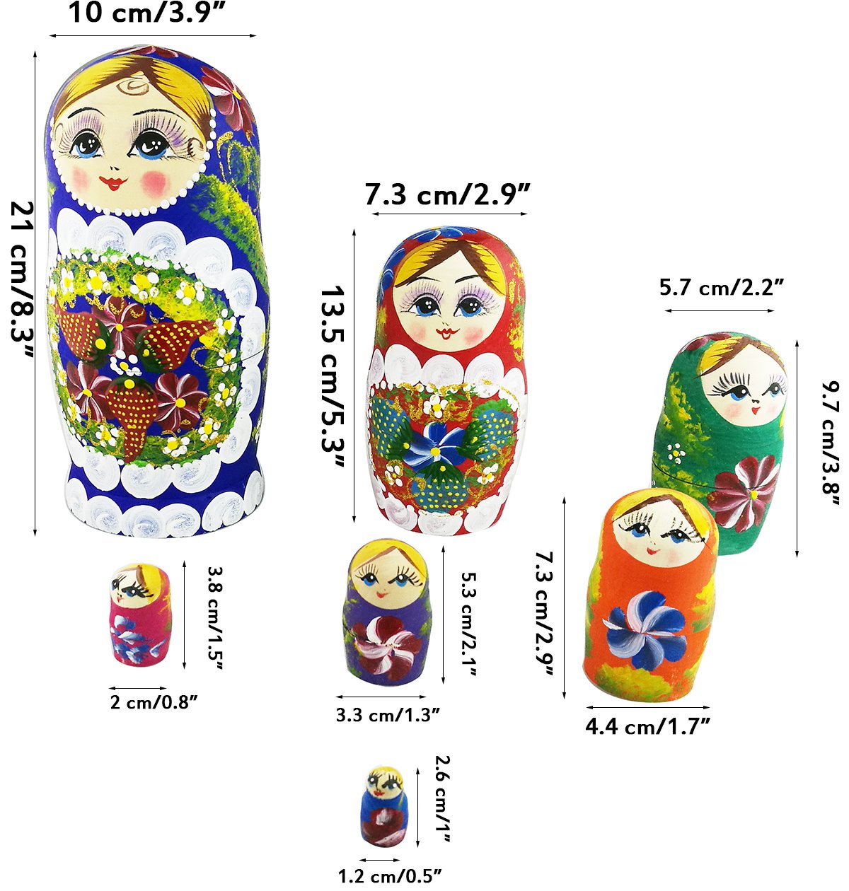 Winterworm® Set of 7 Berries and Flowers Patterns Wooden Nesting Dolls Matryoshka Russian Doll
