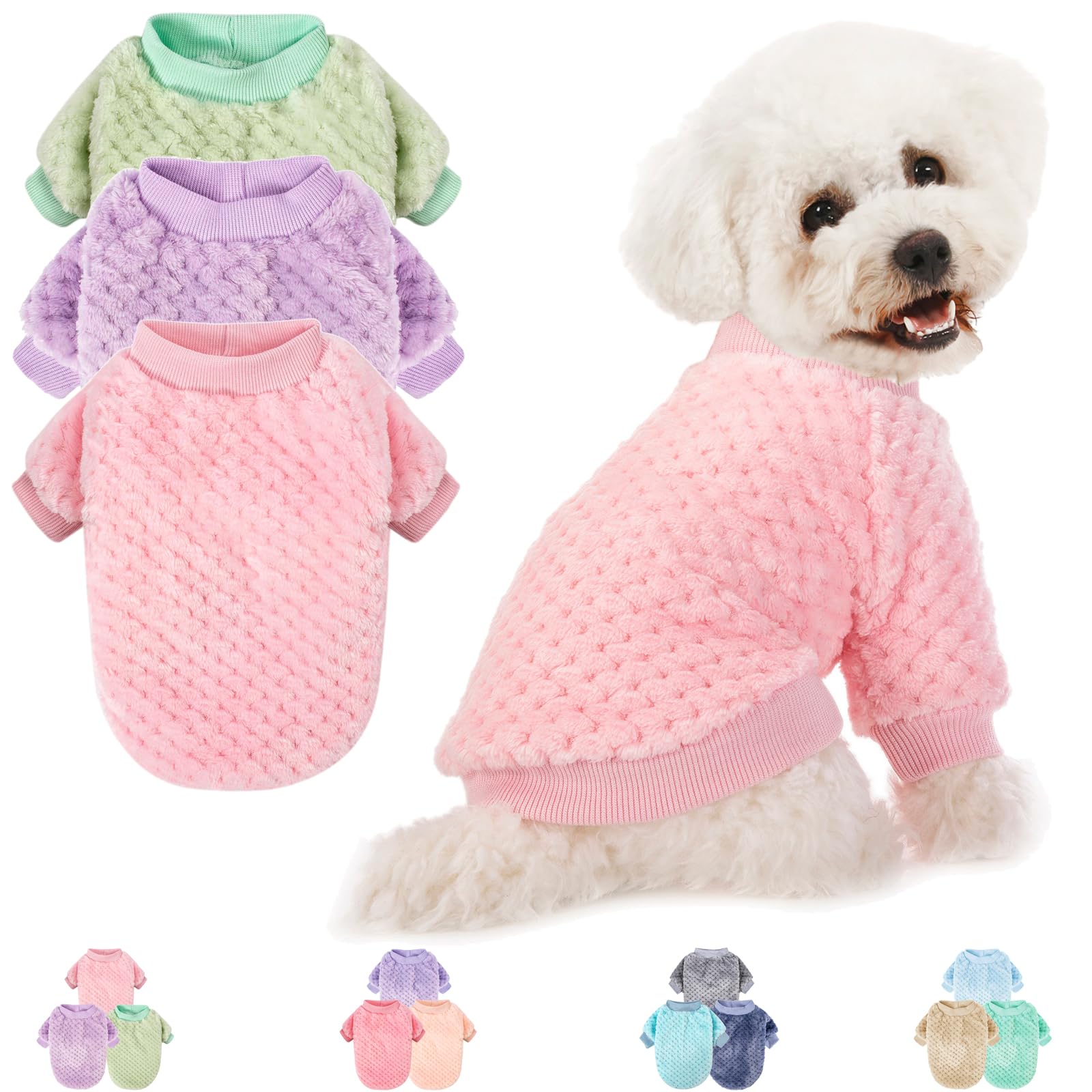 Photo 1 of Dog Sweater, 3 Pack Dog Sweaters for Small Medium Dogs or Cat, Warm Soft Flannel Pet Clothes for Dogs Girl or Boy, Dog Shirt Coat Jacket (Small, Pink+Purple+Light Green)