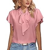 Rooscier Women's Bow Tie Neck Ruffle Short Sleeve Vintage Retro Work Blouse Top
