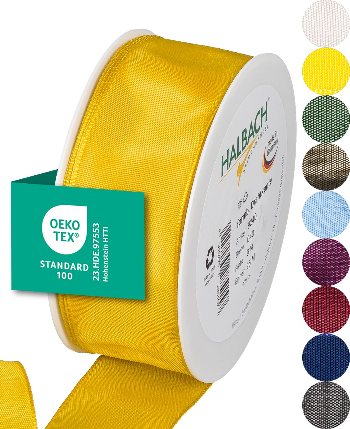 Halbach Seidenbänder Premium Gift Ribbon With Wired Edge - 40 mm Width, 25 m Length - Oeko-Tex 100 Certified Taffeta, Made in Germany - Yellow — image 1