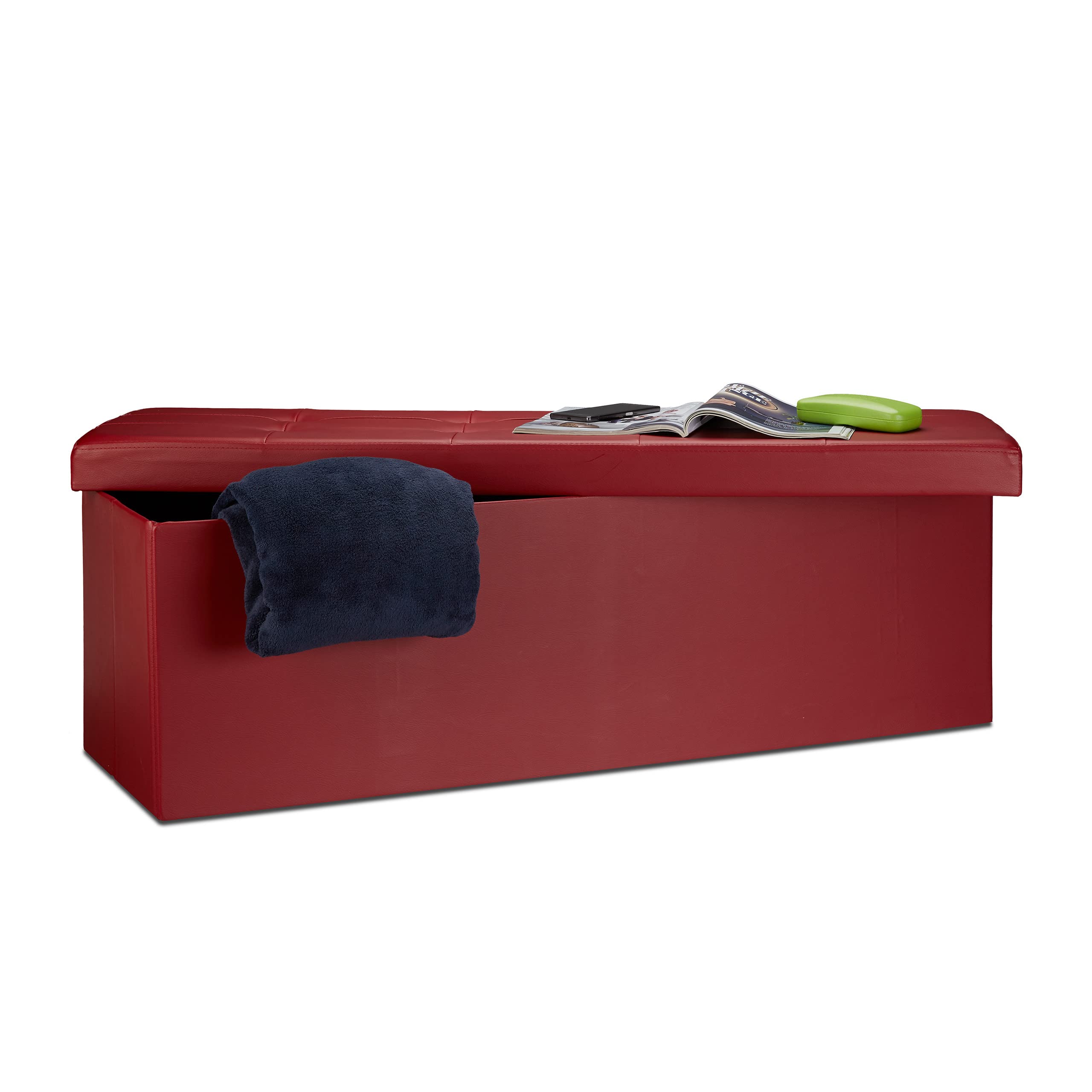 Relaxdays Folding Storage Ottoman XL, 38 x 114 x 38 cm Sturdy Seat with Bench, Faux Leather, with Removable Lid, Dark Red