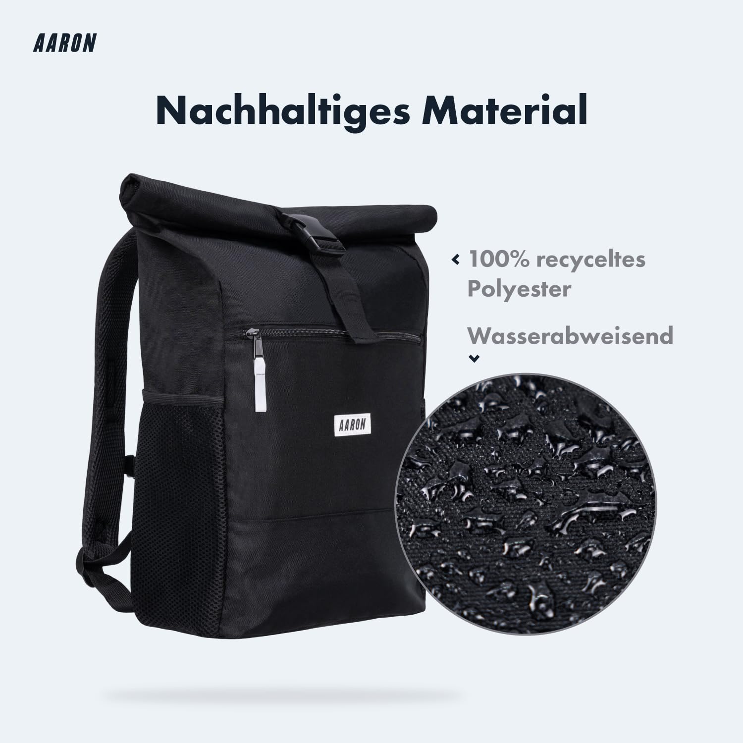 AARON Rolltop Rucksack Damen und Herren, mit Laptopfach, inkl. AirTag Halter, Daypacks, Rollrucksack aus recycletem PET für UNI, Reisen, Alltag, Rolltop Backpack in schwarz und Blumen 4