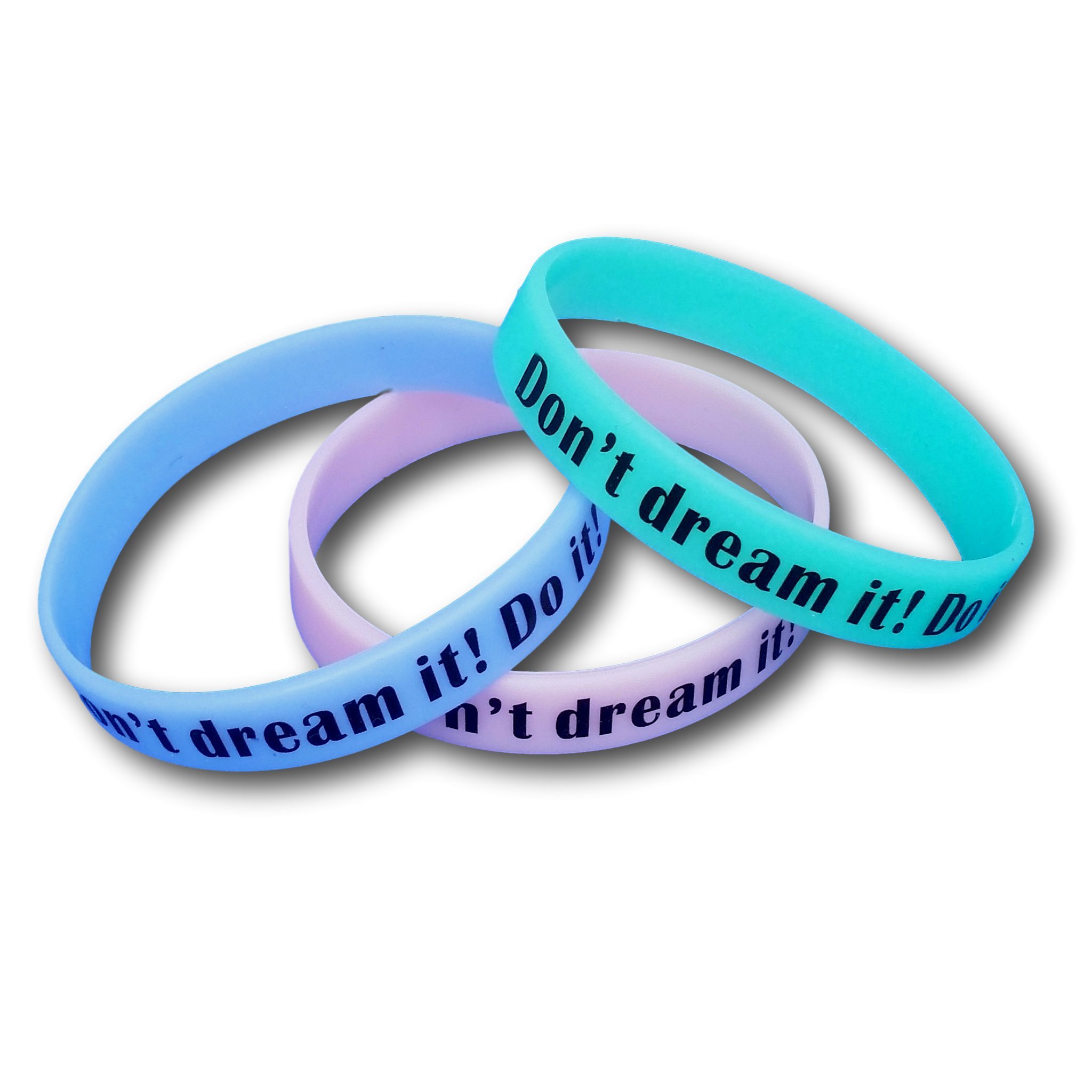 Set of 3 teal blue wristband, armband with phrases to choose, silicone bracelet pink, glow in the dark, by Ekna, Don't dream it! Do it!