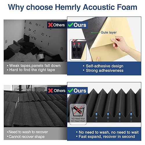 12 Pack Acoustic Panels Self-Adhesive - 1x12x12 Inch Sound Proof Foam Carbon Black Studio