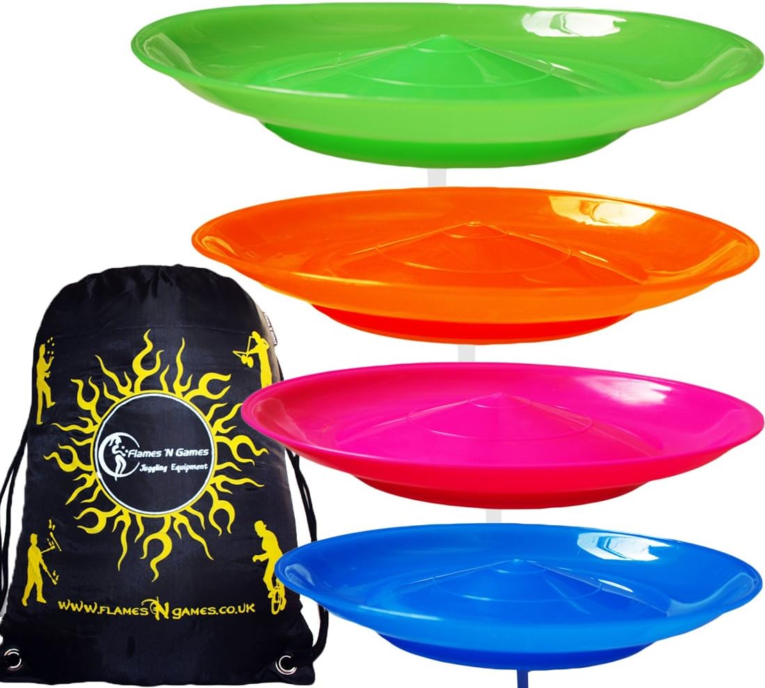 4x Spinning Plate Set (Green/Orange/Pink/Blue) CLASSIC Circus Spinning Plates + 2-Piece Sticks + Flames N Games Travel Bag! Great fun for Kids & Adults.