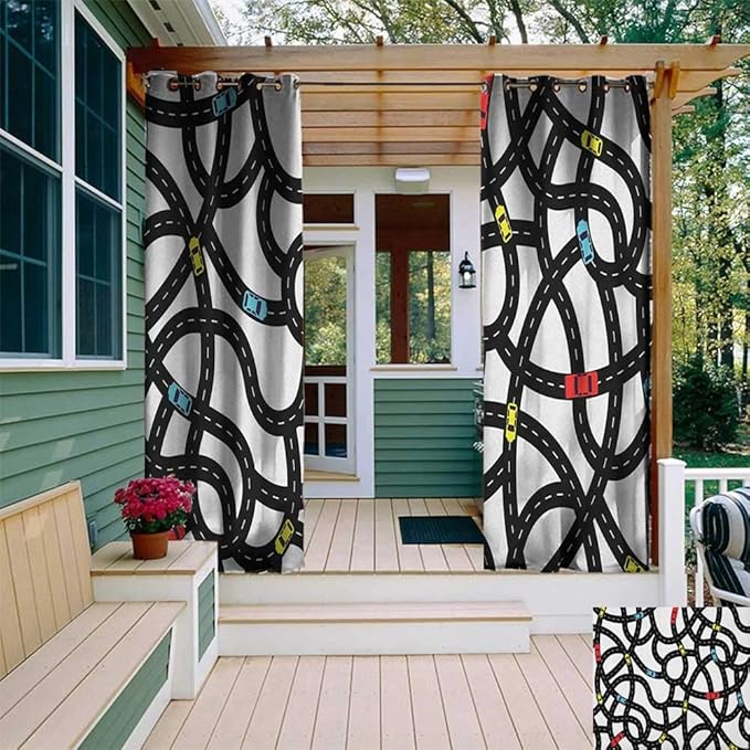 leinuoyi Cars, Outdoor Curtain Extra Wide, Intertwining Roads with Cars
