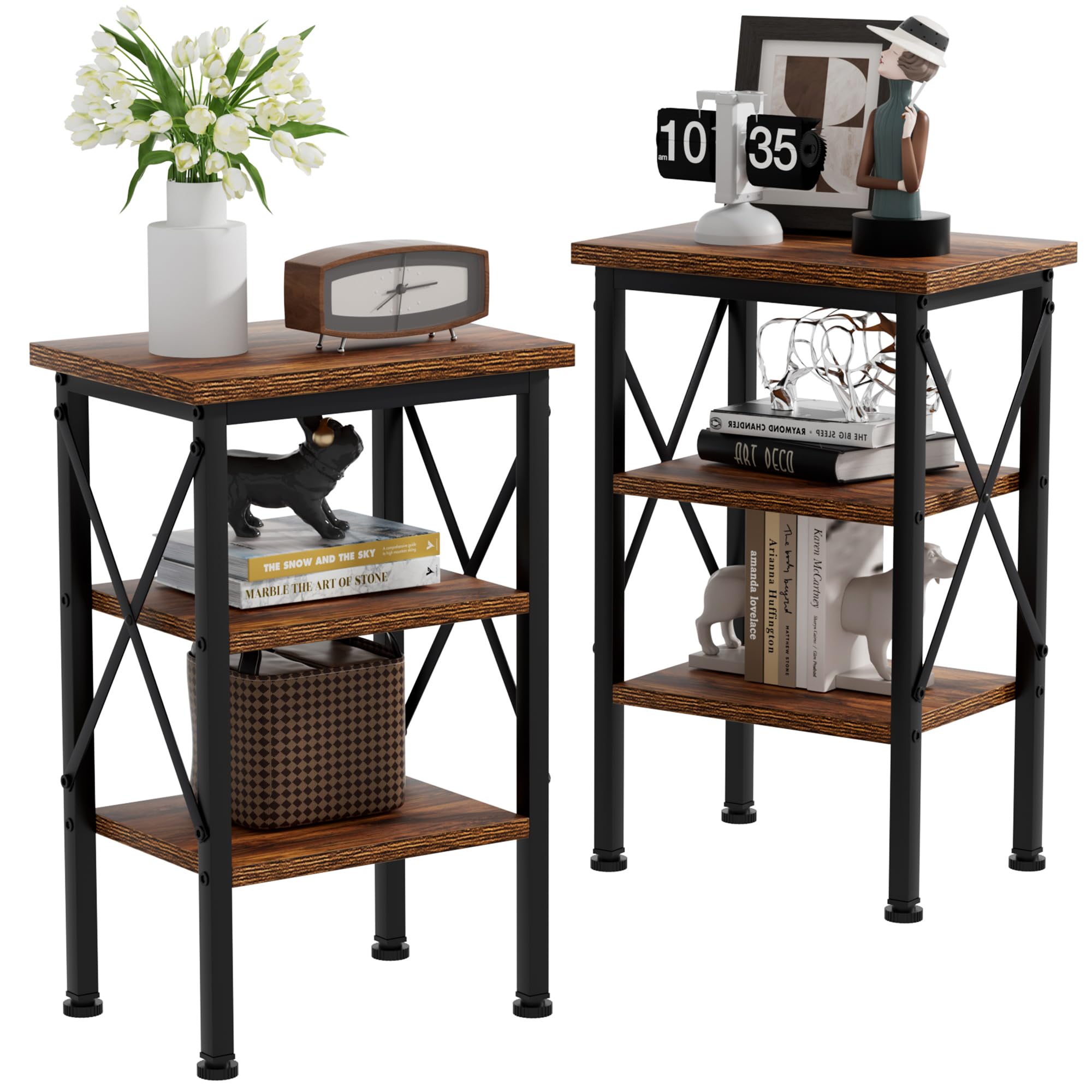 VECELO Modern Nightstands X-Design Side End Table Night Stand with Storage Shelf for Bedroom,Living Room,Set of 2 (Brown A2) Image