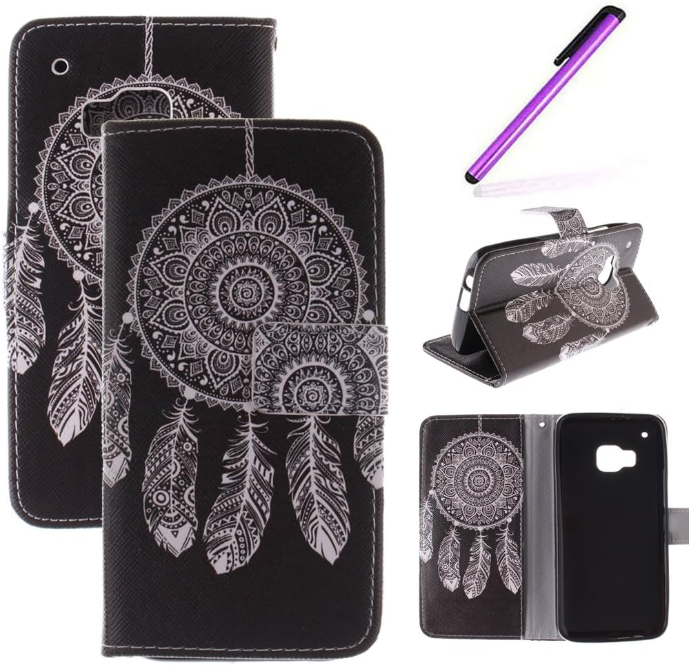 HTC One M9 Case,LEECOCO Fancy Color Print Floral Wallet Case with Card/Cash Slots Kickstand Shockproof PU Leather Folio Flip Slim Protective Case Cover for HTC One M9 Five Feather Campanula