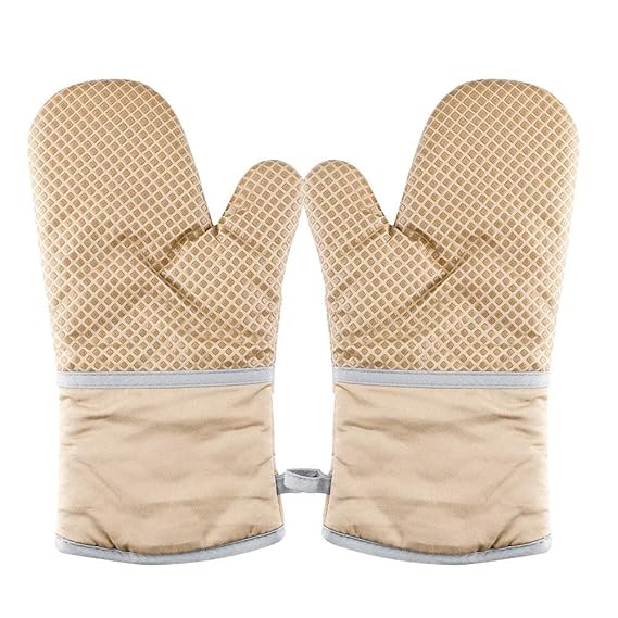 GoZheec Hitzebeständige Ofenhandschuhe, Rutschfeste Küchenhandschuh aus Baumwolle mit Silikon zum Kochen, Grillen, Backen, Grillhalter 1 Paar, braun …