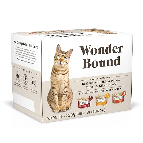 AMAZON BRAND – WONDER BOUND WET CAT FOOD, PATE, NO ADDED GRAIN, VARIETY PACK (BEEF/CHICKEN/TURKEY & GIBLET), 3 OUNCE (PACK OF 24)