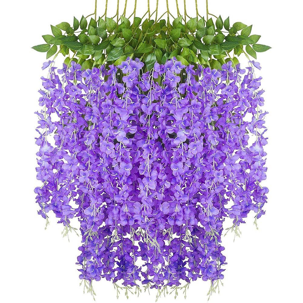 Ousuga 12Pack Artificial Wisteria Flowers, Garland Plant Fake Hanging Flowers Vine, for Wedding Garden Home Party Decor