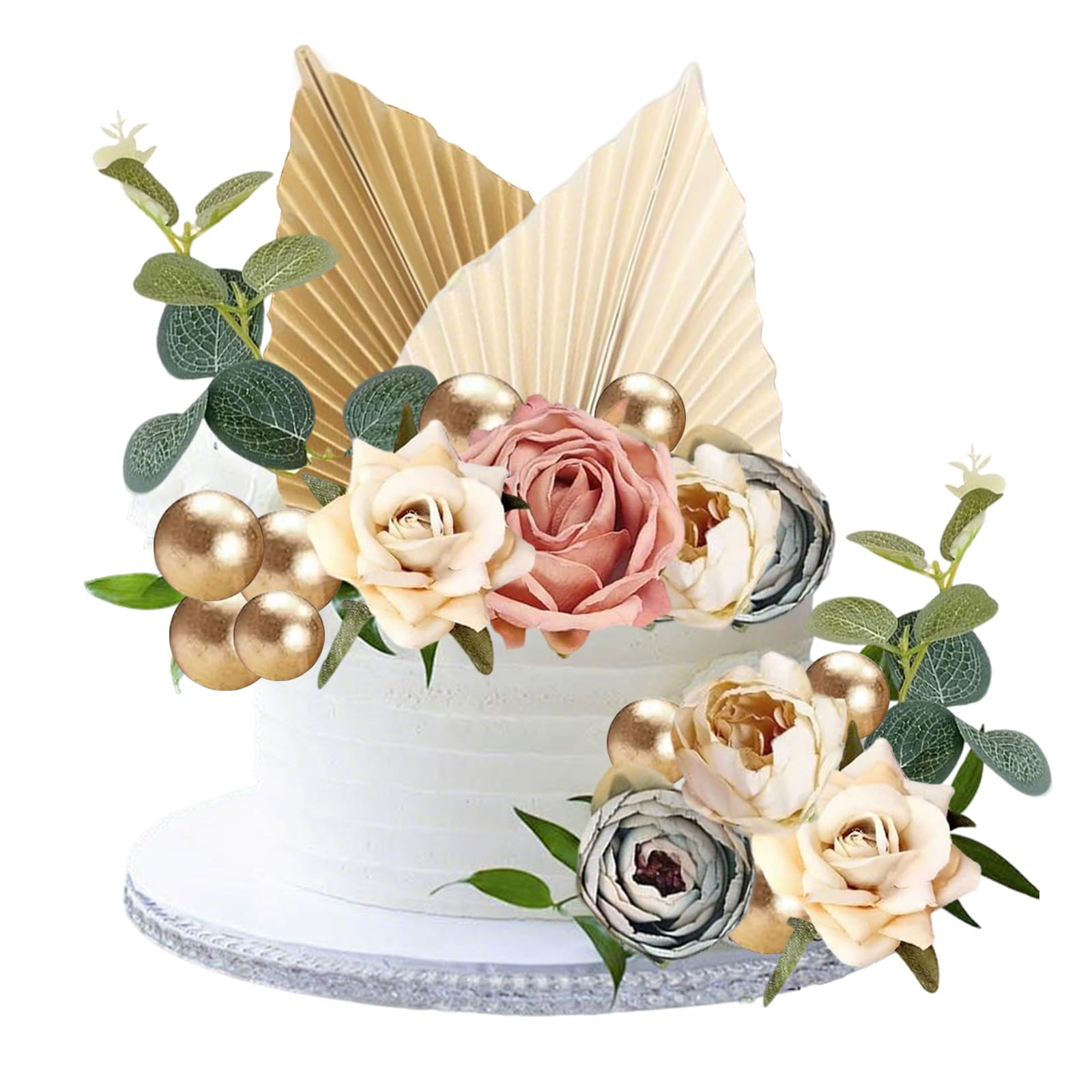 28 Pcs Gold Cake Decorations, Rose Artificial Flower Leaves Cake Decorations, Paper Palm Fan Cake Topper for DIY Birthday Party Wedding Valentine's Day