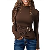 Pink Queen Women's Chic Top Long Sleeve Mock Neck Shirts Metal Ring Decor Ruched Slim Fit Tee