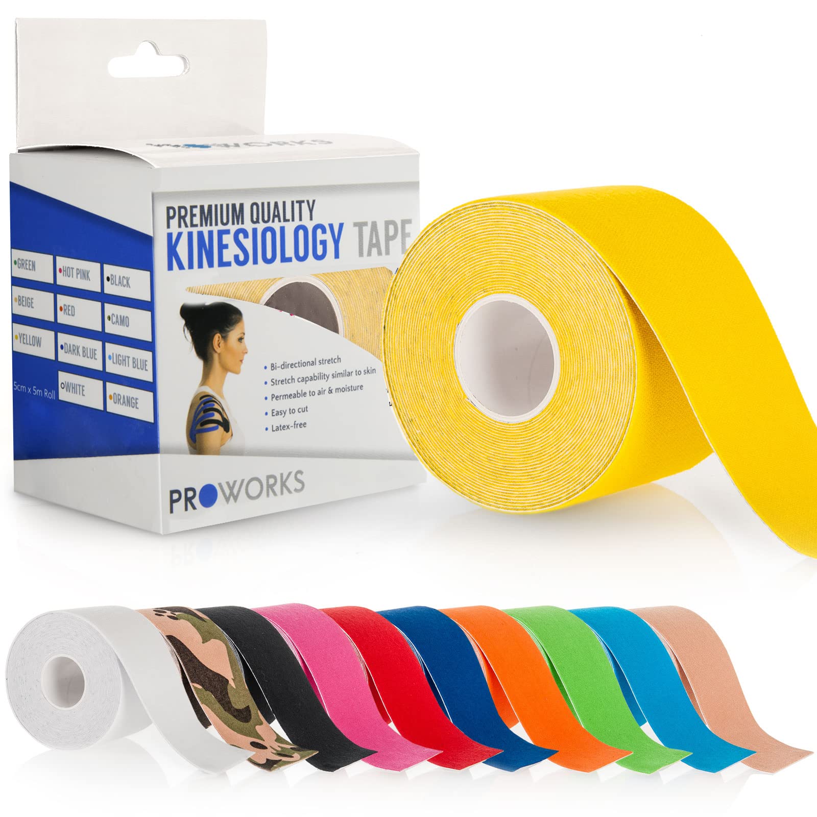Proworks Kinesiology Tape | 5m Roll of Elastic Muscle Support Tape for Exercise, Sports & Injury Recovery - Yellow