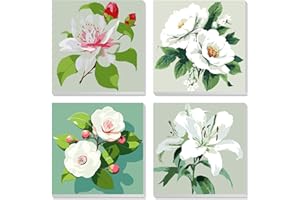 MXJSUA 4 Pack Framed Canvas Paint by Numbers for Kids Adults, White Flowers Paint by Numbers Kit for Children Beginners, Acry
