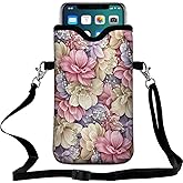 Braytow Universal Neoprene Cell Phone Pouch 7.1 X 4 in Mobile Protection Case Bag with Crossbody Strap/Neck Lanyard Luxury Flowers Leaf Printed Pattern