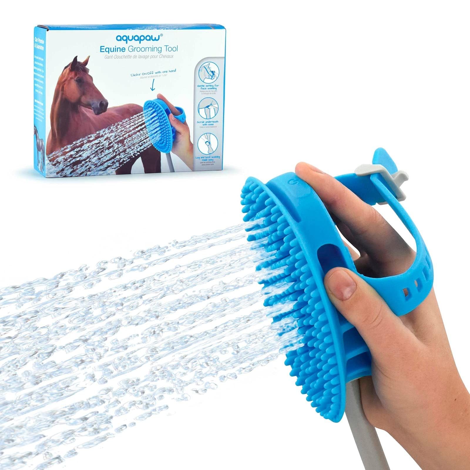 Photo 1 of Aquapaw 5-in-1 Horse & Dog Bath Brush & Curry Comb - XL Blue Silicone - Includes 3-ft Shower Hose Attachment & Adapter - Adjustable Spray Scrub Massager - Dog Grooming Supplies