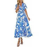 PRETTYGARDEN Women's Boho Floral Maxi Dress Summer Short Sleeve Wrap V Neck Long Flowy Beach Vacation Wedding Guest Dresses
