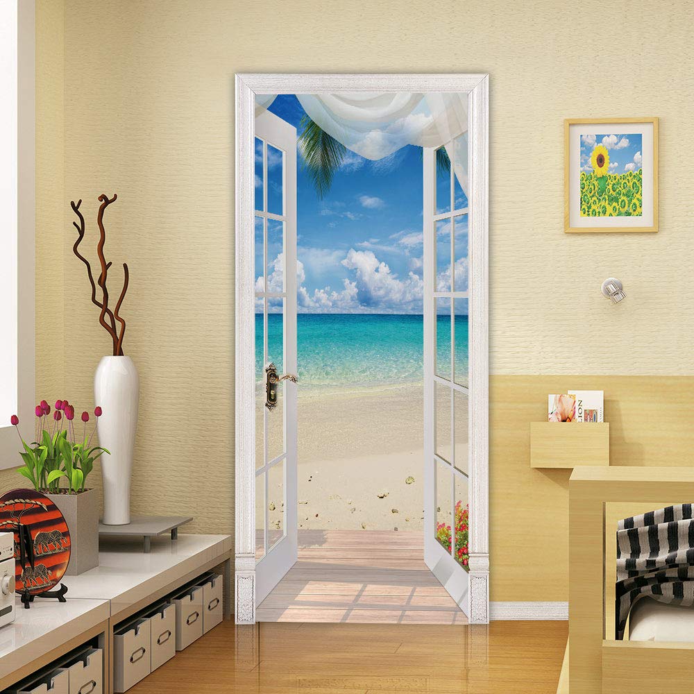 COLORSPRING 3D Beach Door Decal Stickers Peel and Stick, Door Mural Cover Removable Vinyl Wallpaper for Home Décor (MT-365)