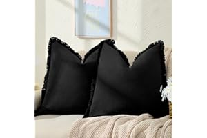 ZWJD Pillow Covers 18x18 Set of 2 Black Throw Pillow Covers with Fringe Chic Cotton Decorative Pillows Square Cushion Covers for Sofa Couch Bed Living Room Farmhouse Boho Decor