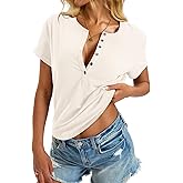 EasyGala Womens Cotton Deep V Neck Tops Low Cut Short Sleeve Henley Shirts Sexy Fitted Tees Summer Fashion Clothes 2025