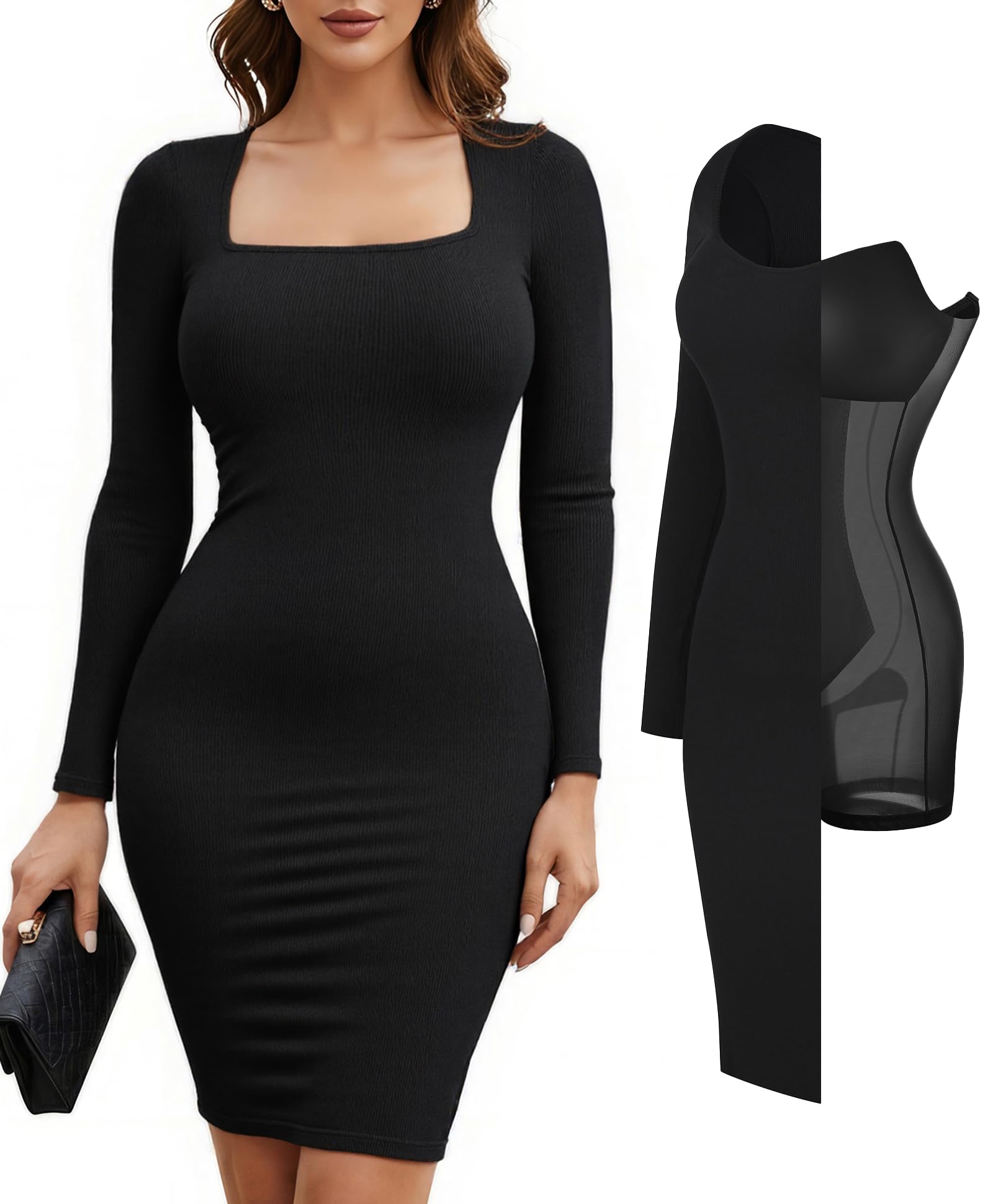 Photo 1 of Size L--Cocktail Dresses for Women Long Sleeve Black Bodycon Square Neck Midi Dress Shapewear Tummy Control Built-in Bra Party Club Date Night